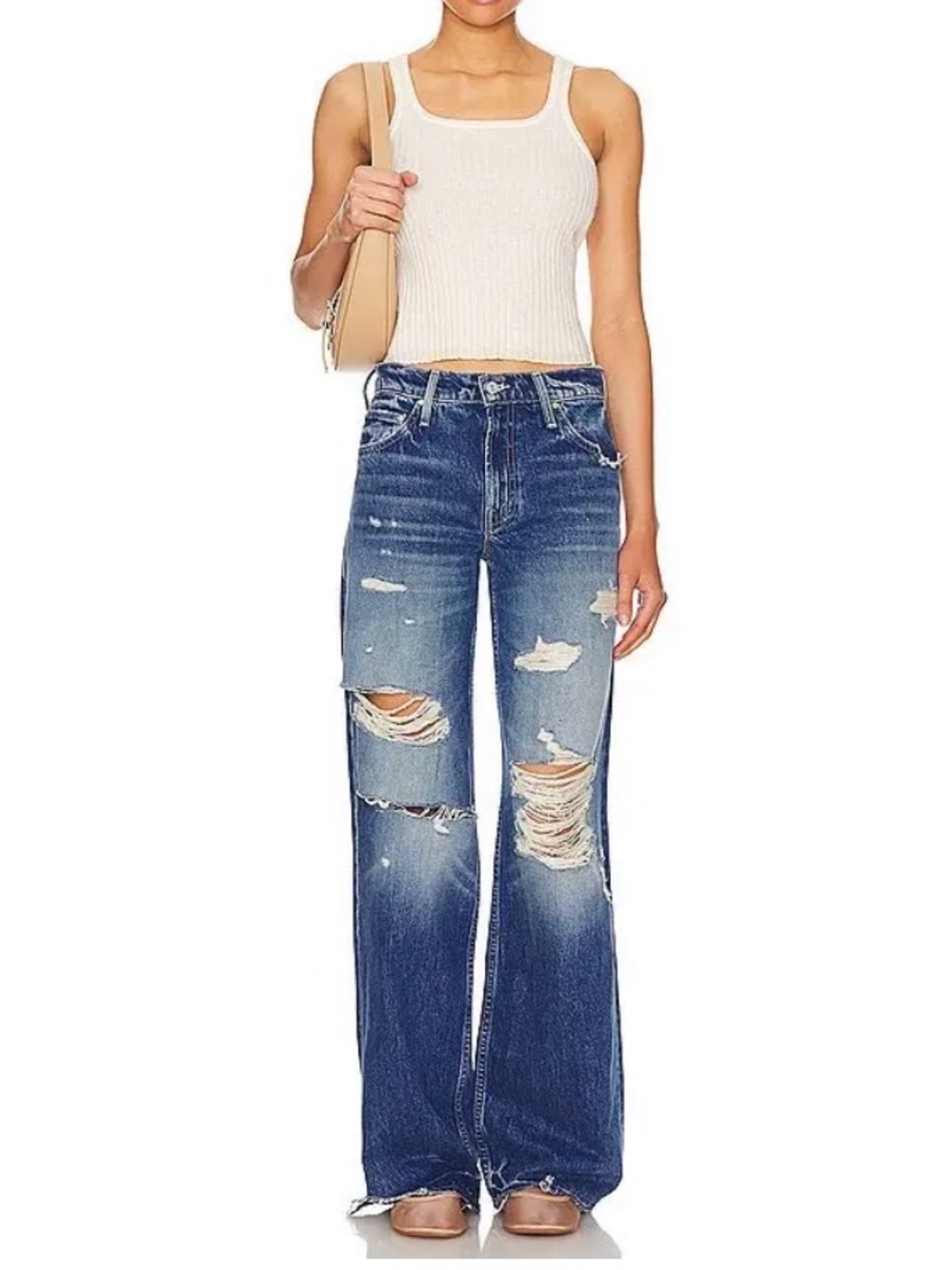 NWT - MOTHER The Down Low Spinner Heel Ripped Low Rise Wide Leg Jeans